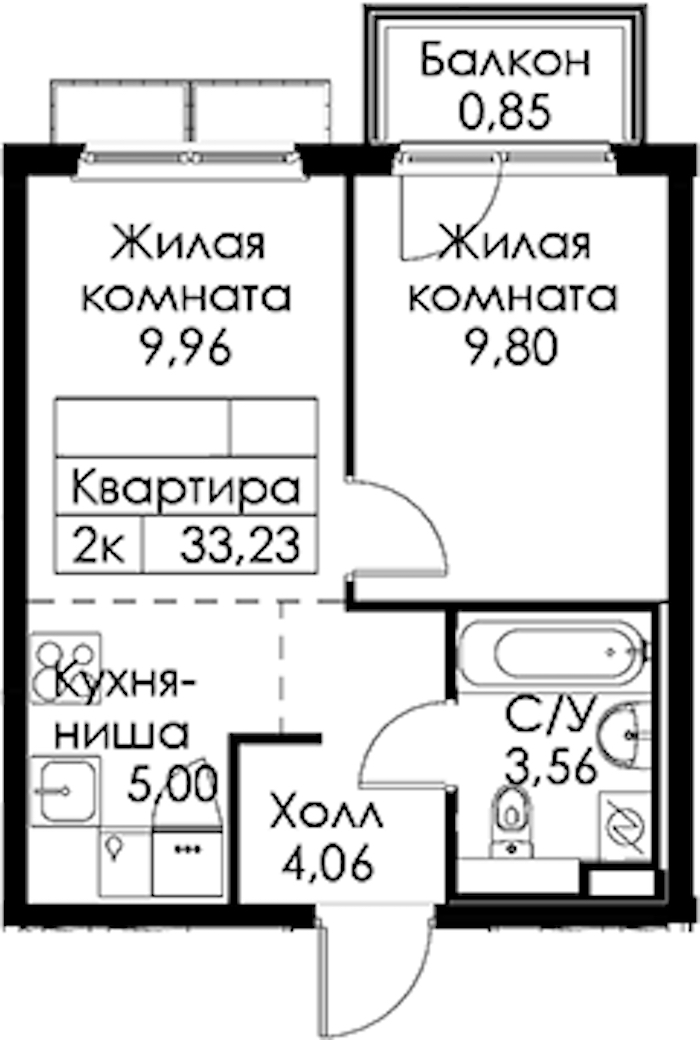 1-комнатная квартира 33.23 м², 7/15 эт., ЖК «Янинский лес»
